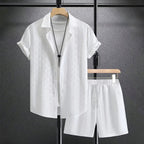 Terrence - Men's Geometric Textured Button-Up Shirt and Shorts Set