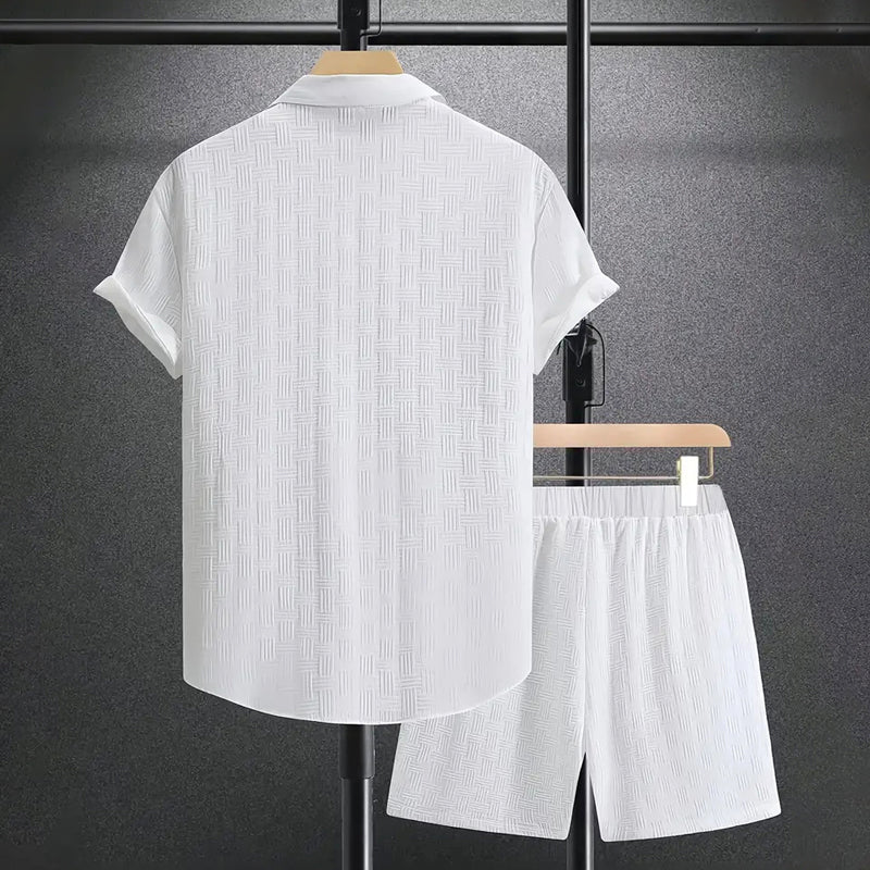 Terrence - Men's Geometric Textured Button-Up Shirt and Shorts Set