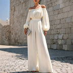 Valerie - Women's Off-Shoulder Bishop-Sleeve Belted Wide-Leg Jumpsuit