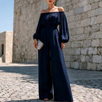 Valerie - Women's Off-Shoulder Bishop-Sleeve Belted Wide-Leg Jumpsuit