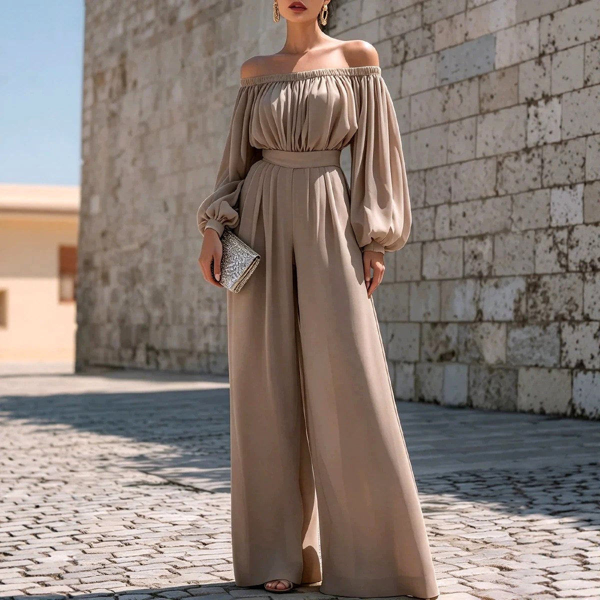 Valerie - Women's Off-Shoulder Bishop-Sleeve Belted Wide-Leg Jumpsuit