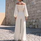 Valerie - Women's Off-Shoulder Bishop-Sleeve Belted Wide-Leg Jumpsuit