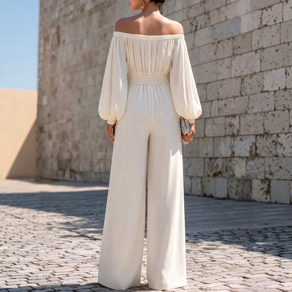 Valerie - Women's Off-Shoulder Bishop-Sleeve Belted Wide-Leg Jumpsuit