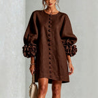 Victoria - Women's Floral Appliqué Puff Sleeve Shift Dress