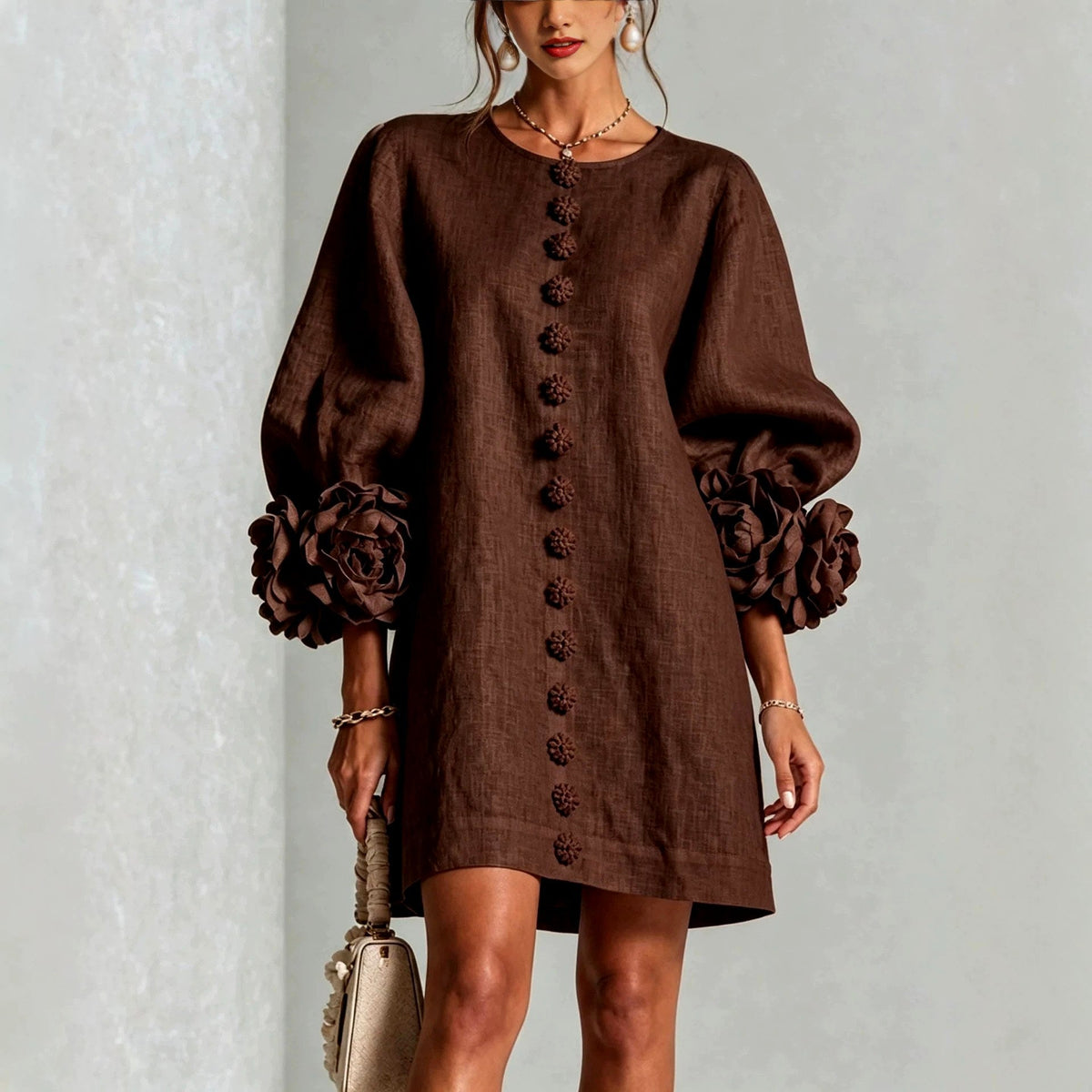 Victoria - Women's Floral Appliqué Puff Sleeve Shift Dress