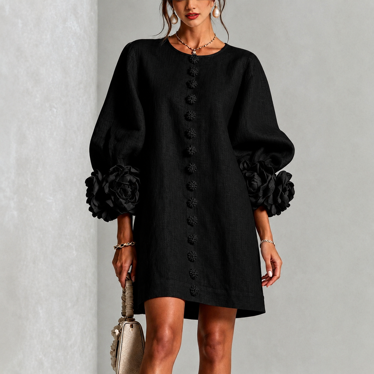 Victoria - Women's Floral Appliqué Puff Sleeve Shift Dress