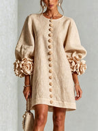 Victoria - Women's Floral Appliqué Puff Sleeve Shift Dress
