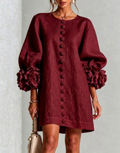 Victoria - Women's Floral Appliqué Puff Sleeve Shift Dress